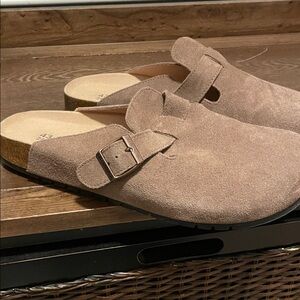 Tan Suede Buckle Clogs